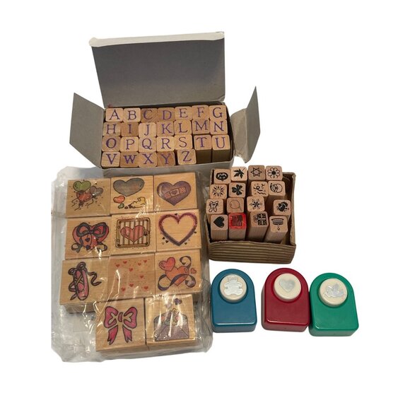 DIY 53 Craft Wooden Rubber Stamps Lot, 3 Decorative Craft Punchers Scrapbooking - Picture 2 of 11